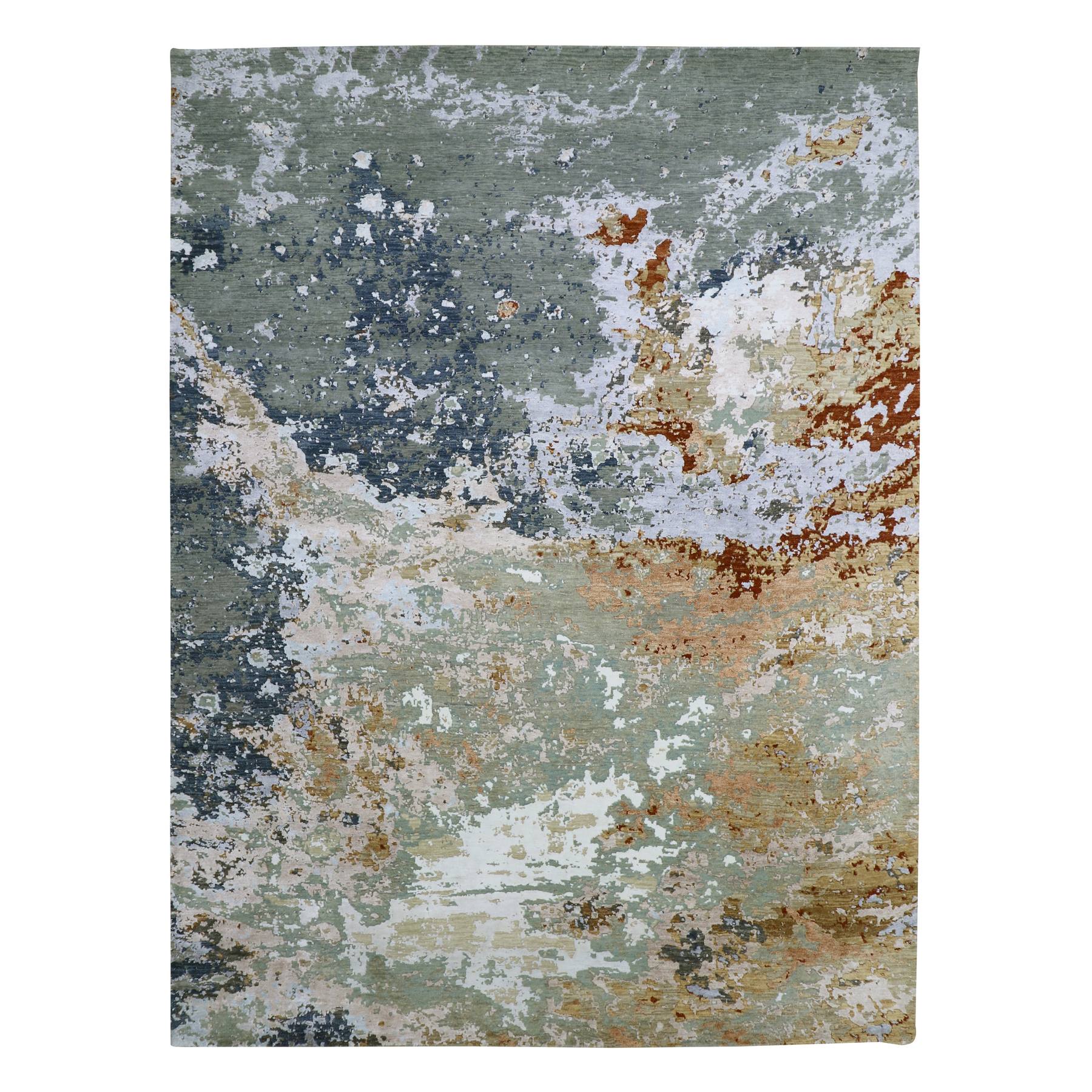 Misty Gray, Persian Knot, Colorful Abstract with Galaxy Design, 100% Wool, Hand Knotted, Densely Woven, Oriental Rug